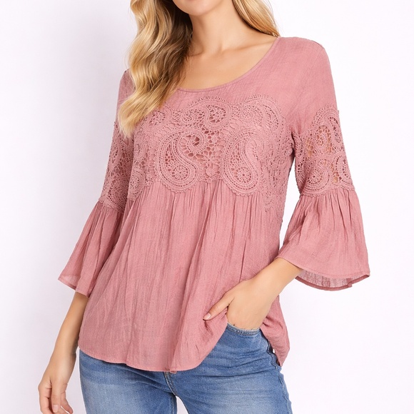Frye Tops - Frye Scoop‎ Neck Crochet-Paneled Top Dusty Rose NWOT